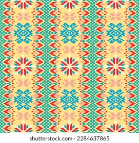 Vector nordic ornament. winter scandinavian seamless pattern, border design for fashion fabric, knit, textile, cross embroidery. Norwegian background with red and blue colors