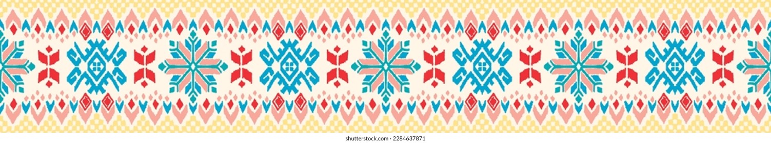 Vector nordic ornament. winter scandinavian seamless pattern, border design for fashion fabric, knit, textile, cross embroidery. Norwegian background with red and blue colors