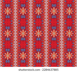 Vector nordic ornament. winter scandinavian seamless pattern, border design for fashion fabric, knit, textile, cross embroidery. Norwegian background with red and blue colors