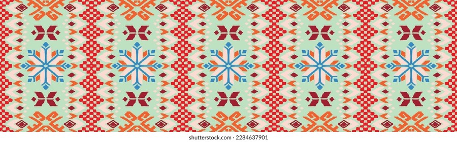 Vector nordic ornament. winter scandinavian seamless pattern, border design for fashion fabric, knit, textile, cross embroidery. Norwegian background with red and blue colors