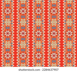 Vector nordic ornament. winter scandinavian seamless pattern, border design for fashion fabric, knit, textile, cross embroidery. Norwegian background with red and blue colors
