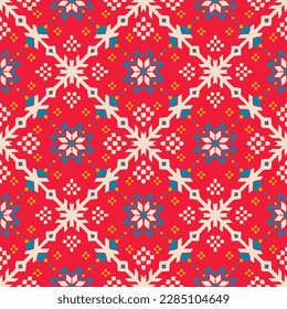 Vector nordic ornament. winter scandinavian seamless pattern, border design for fashion fabric, knit, textile, cross embroidery. Norwegian background with red and blue colors