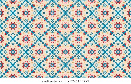 Vector nordic ornament. winter scandinavian seamless pattern, border design for fashion fabric, knit, textile, cross embroidery. Norwegian background with red and blue colors