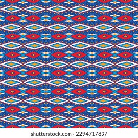 Vector nordic ornament. winter scandinavian seamless pattern, border design for fashion fabric, knit, textile, cross embroidery. Norwegian background with red and blue colors