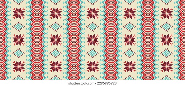 Vector nordic ornament. winter scandinavian seamless pattern, border design for fashion fabric, knit, textile, cross embroidery. Norwegian background with red and blue colors