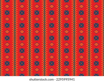 Vector nordic ornament. winter scandinavian seamless pattern, border design for fashion fabric, knit, textile, cross embroidery. Norwegian background with red and blue colors