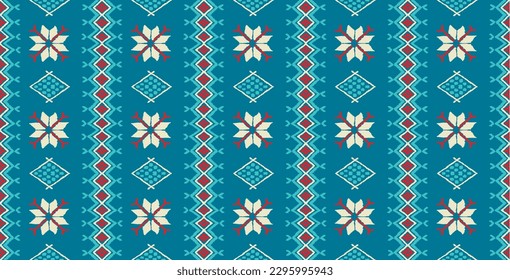 Vector nordic ornament. winter scandinavian seamless pattern, border design for fashion fabric, knit, textile, cross embroidery. Norwegian background with red and blue colors