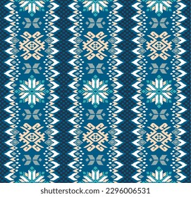 Vector nordic ornament. winter scandinavian seamless pattern, border design for fashion fabric, knit, textile, cross embroidery. Norwegian background with red and blue colors
