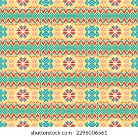 Vector nordic ornament. winter scandinavian seamless pattern, border design for fashion fabric, knit, textile, cross embroidery. Norwegian background with red and blue colors