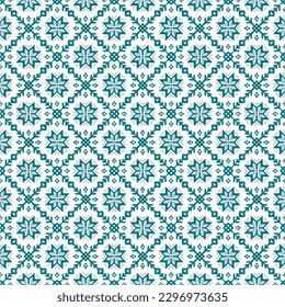 Vector nordic ornament. winter scandinavian seamless pattern, border design for fashion fabric, knit, textile, cross embroidery. Norwegian background with red and blue colors