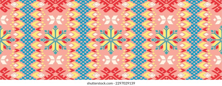 Vector nordic ornament. winter scandinavian seamless pattern, border design for fashion fabric, knit, textile, cross embroidery. Norwegian background with red and blue colors