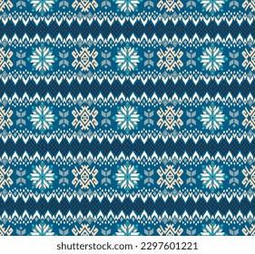 Vector nordic ornament. winter scandinavian seamless pattern, border design for fashion fabric, knit, textile, cross embroidery. Norwegian background with red and blue colors