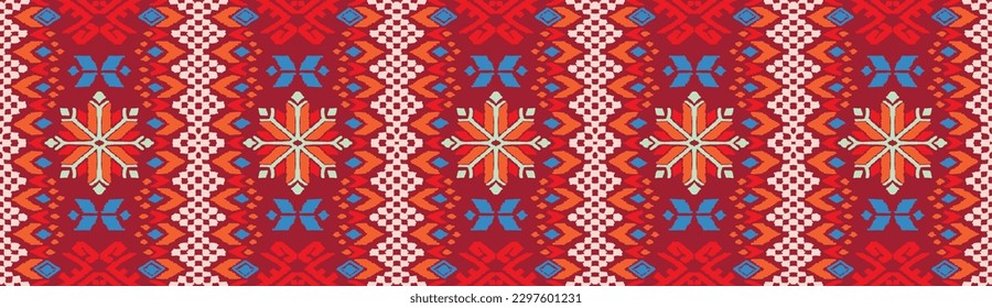 Vector nordic ornament. winter scandinavian seamless pattern, border design for fashion fabric, knit, textile, cross embroidery. Norwegian background with red and blue colors