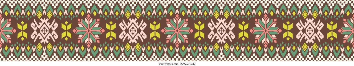 Vektornordische Ornamente. Winterskandinavisches nahtloses Muster, Grenzdesign für Modegewebe, Strick, Textilien, Kreuzstickerei. Norwegischer Hintergrund mit roten und blauen Farben