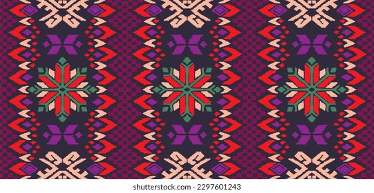 Vector nordic ornament. winter scandinavian seamless pattern, border design for fashion fabric, knit, textile, cross embroidery. Norwegian background with red and blue colors