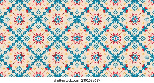 Vector nordic ornament. winter scandinavian seamless pattern, border design for fashion fabric, knit, textile, cross embroidery. Norwegian background with red and blue colors
