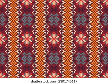 Vector nordic ornament. winter scandinavian seamless pattern, border design for fashion fabric, knit, textile, cross embroidery. Norwegian background with red and blue colors