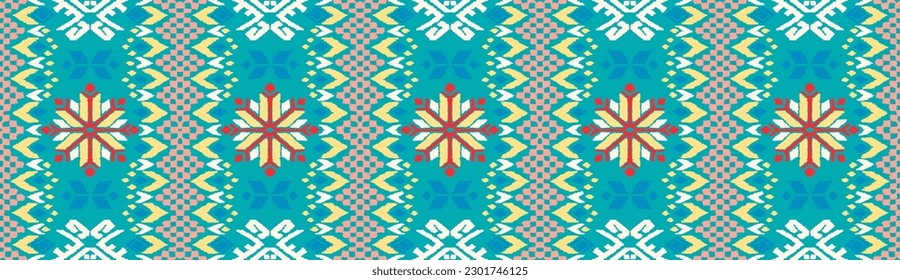 Vector nordic ornament. winter scandinavian seamless pattern, border design for fashion fabric, knit, textile, cross embroidery. Norwegian background with red and blue colors