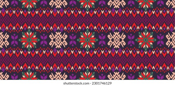Vector nordic ornament. winter scandinavian seamless pattern, border design for fashion fabric, knit, textile, cross embroidery. Norwegian background with red and blue colors