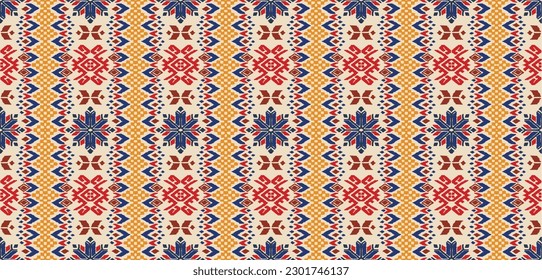 Vector nordic ornament. winter scandinavian seamless pattern, border design for fashion fabric, knit, textile, cross embroidery. Norwegian background with red and blue colors