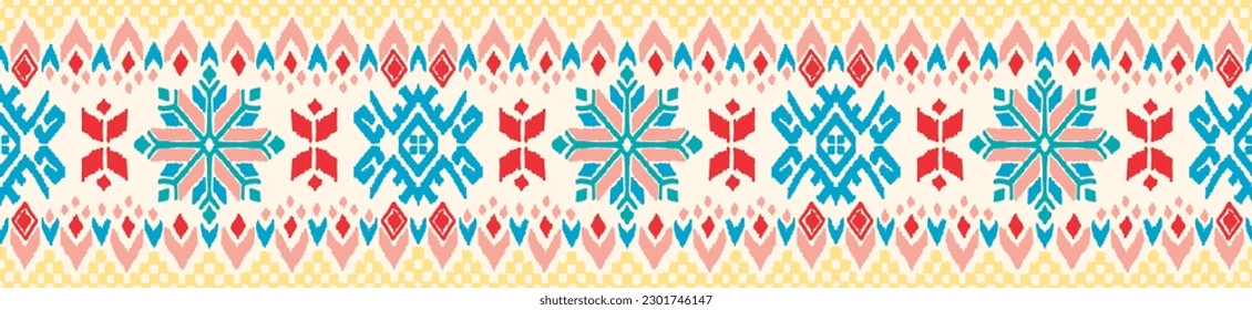 Vector nordic ornament. winter scandinavian seamless pattern, border design for fashion fabric, knit, textile, cross embroidery. Norwegian background with red and blue colors