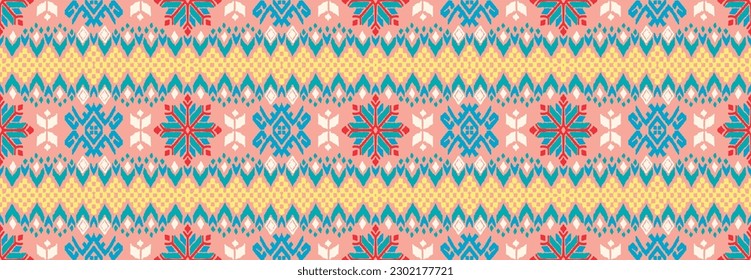 Vector nordic ornament. winter scandinavian seamless pattern, border design for fashion fabric, knit, textile, cross embroidery. Norwegian background with red and blue colors