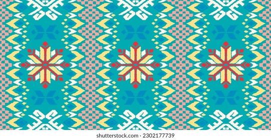 Vector nordic ornament. winter scandinavian seamless pattern, border design for fashion fabric, knit, textile, cross embroidery. Norwegian background with red and blue colors