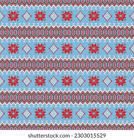 Vector nordic ornament. winter scandinavian seamless pattern, border design for fashion fabric, knit, textile, cross embroidery. Norwegian background with red and blue colors