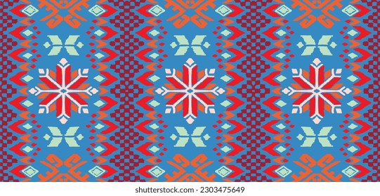 Vector nordic ornament. winter scandinavian seamless pattern, border design for fashion fabric, knit, textile, cross embroidery. Norwegian background with red and blue colors
