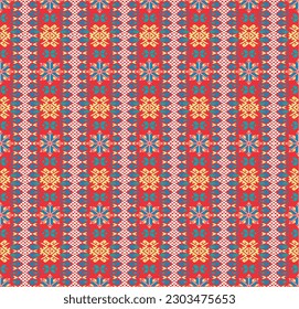 Vector nordic ornament. winter scandinavian seamless pattern, border design for fashion fabric, knit, textile, cross embroidery. Norwegian background with red and blue colors