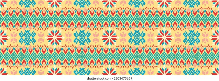 Vector nordic ornament. winter scandinavian seamless pattern, border design for fashion fabric, knit, textile, cross embroidery. Norwegian background with red and blue colors