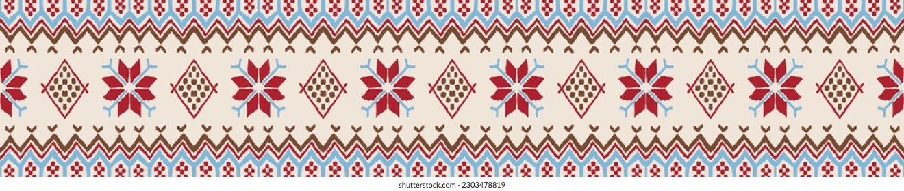 Vector nordic ornament. winter scandinavian seamless pattern, border design for fashion fabric, knit, textile, cross embroidery. Norwegian background with red and blue colors
