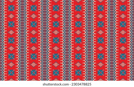 Vector nordic ornament. winter scandinavian seamless pattern, border design for fashion fabric, knit, textile, cross embroidery. Norwegian background with red and blue colors