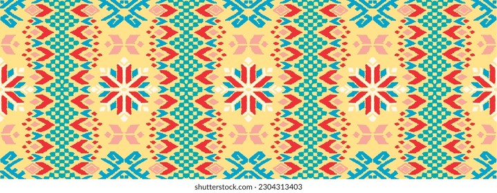 Vector nordic ornament. winter scandinavian seamless pattern, border design for fashion fabric, knit, textile, cross embroidery. Norwegian background with red and blue colors
