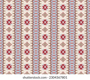 Vector nordic ornament. winter scandinavian seamless pattern, border design for fashion fabric, knit, textile, cross embroidery. Norwegian background with red and blue colors