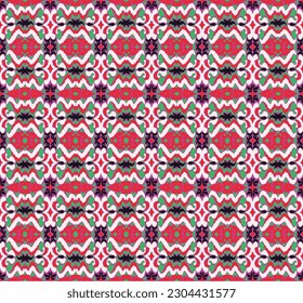 Vector nordic ornament. winter scandinavian seamless pattern, border design for fashion fabric, knit, textile, cross embroidery. Norwegian background with red and blue colors