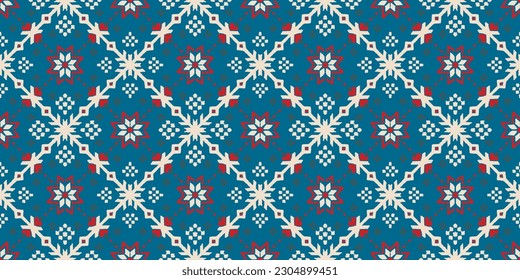 Vector nordic ornament. winter scandinavian seamless pattern, border design for fashion fabric, knit, textile, cross embroidery. Norwegian background with red and blue colors
