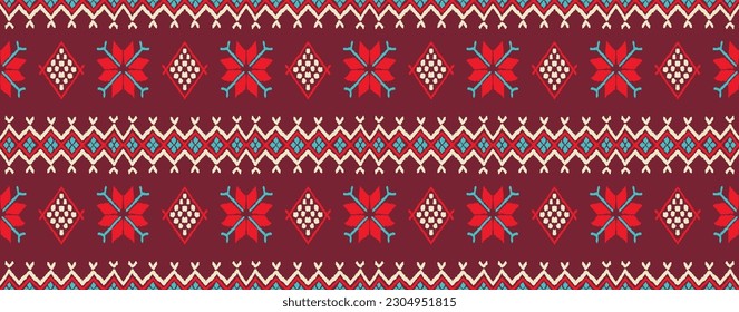 Vector nordic ornament. winter scandinavian seamless pattern, border design for fashion fabric, knit, textile, cross embroidery. Norwegian background with red and blue colors