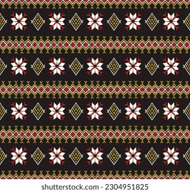 Vector nordic ornament. winter scandinavian seamless pattern, border design for fashion fabric, knit, textile, cross embroidery. Norwegian background with red and blue colors