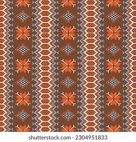 Vector nordic ornament. winter scandinavian seamless pattern, border design for fashion fabric, knit, textile, cross embroidery. Norwegian background with red and blue colors