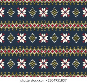 Vector nordic ornament. winter scandinavian seamless pattern, border design for fashion fabric, knit, textile, cross embroidery. Norwegian background with red and blue colors