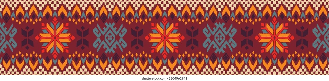 Vector nordic ornament. winter scandinavian seamless pattern, border design for fashion fabric, knit, textile, cross embroidery. Norwegian background with red and blue colors
