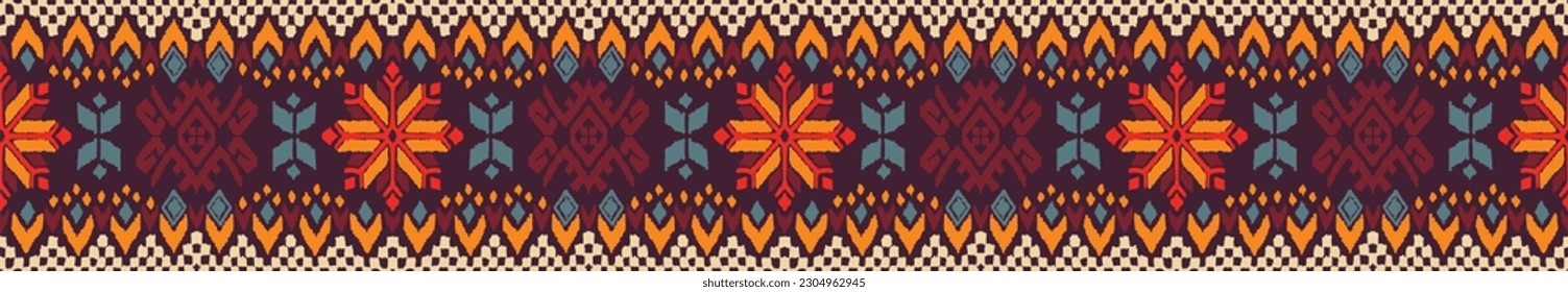 Vector nordic ornament. winter scandinavian seamless pattern, border design for fashion fabric, knit, textile, cross embroidery. Norwegian background with red and blue colors