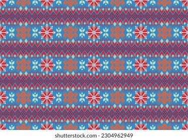 Vector nordic ornament. winter scandinavian seamless pattern, border design for fashion fabric, knit, textile, cross embroidery. Norwegian background with red and blue colors