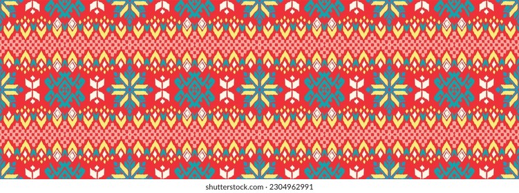 Vector nordic ornament. winter scandinavian seamless pattern, border design for fashion fabric, knit, textile, cross embroidery. Norwegian background with red and blue colors