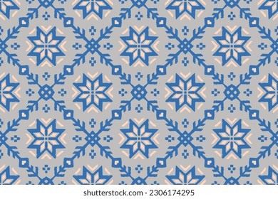 Vector nordic ornament. winter scandinavian seamless pattern, border design for fashion fabric, knit, textile, cross embroidery. Norwegian background with red and blue colors