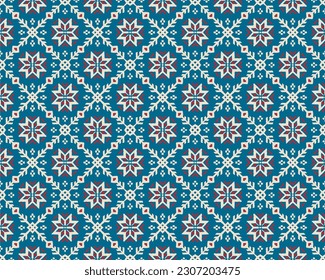 Vector nordic ornament. winter scandinavian seamless pattern, border design for fashion fabric, knit, textile, cross embroidery. Norwegian background with red and blue colors