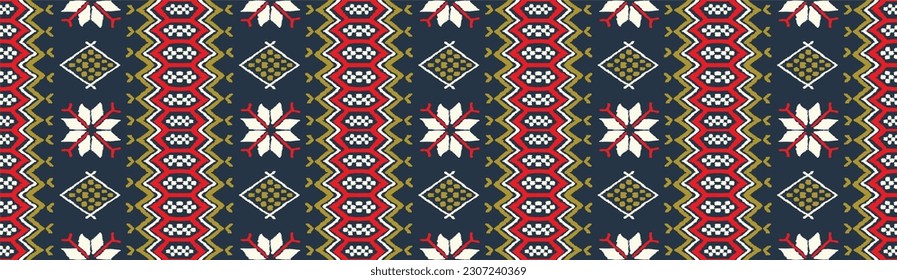 Vector nordic ornament. winter scandinavian seamless pattern, border design for fashion fabric, knit, textile, cross embroidery. Norwegian background with red and blue colors