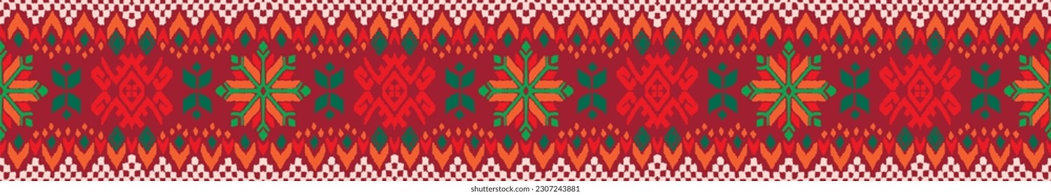 Vector nordic ornament. winter scandinavian seamless pattern, border design for fashion fabric, knit, textile, cross embroidery. Norwegian background with red and blue colors