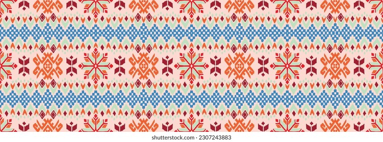 Vector nordic ornament. winter scandinavian seamless pattern, border design for fashion fabric, knit, textile, cross embroidery. Norwegian background with red and blue colors